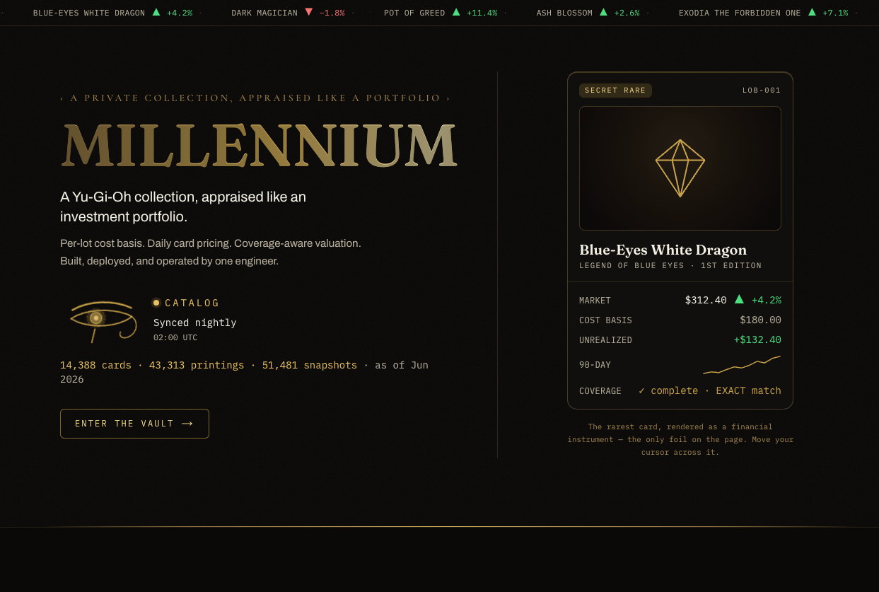 The Millennium "Vault" landing page: a trading-card collection appraised like a financial portfolio, anchored by a live foil appraisal card.
